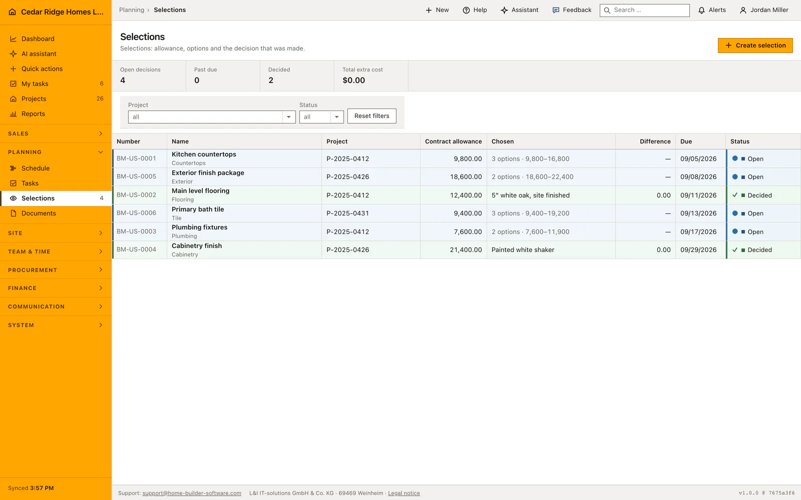 Home Builder Software selections register with project allowances, priced options, decision dates and status