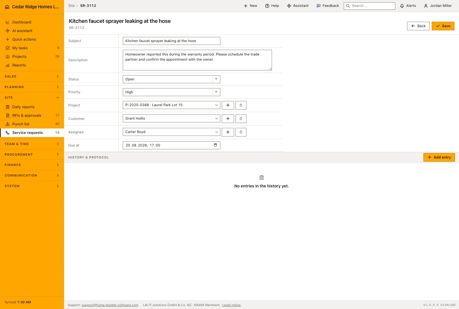 Real product screenshot: Construction service requests