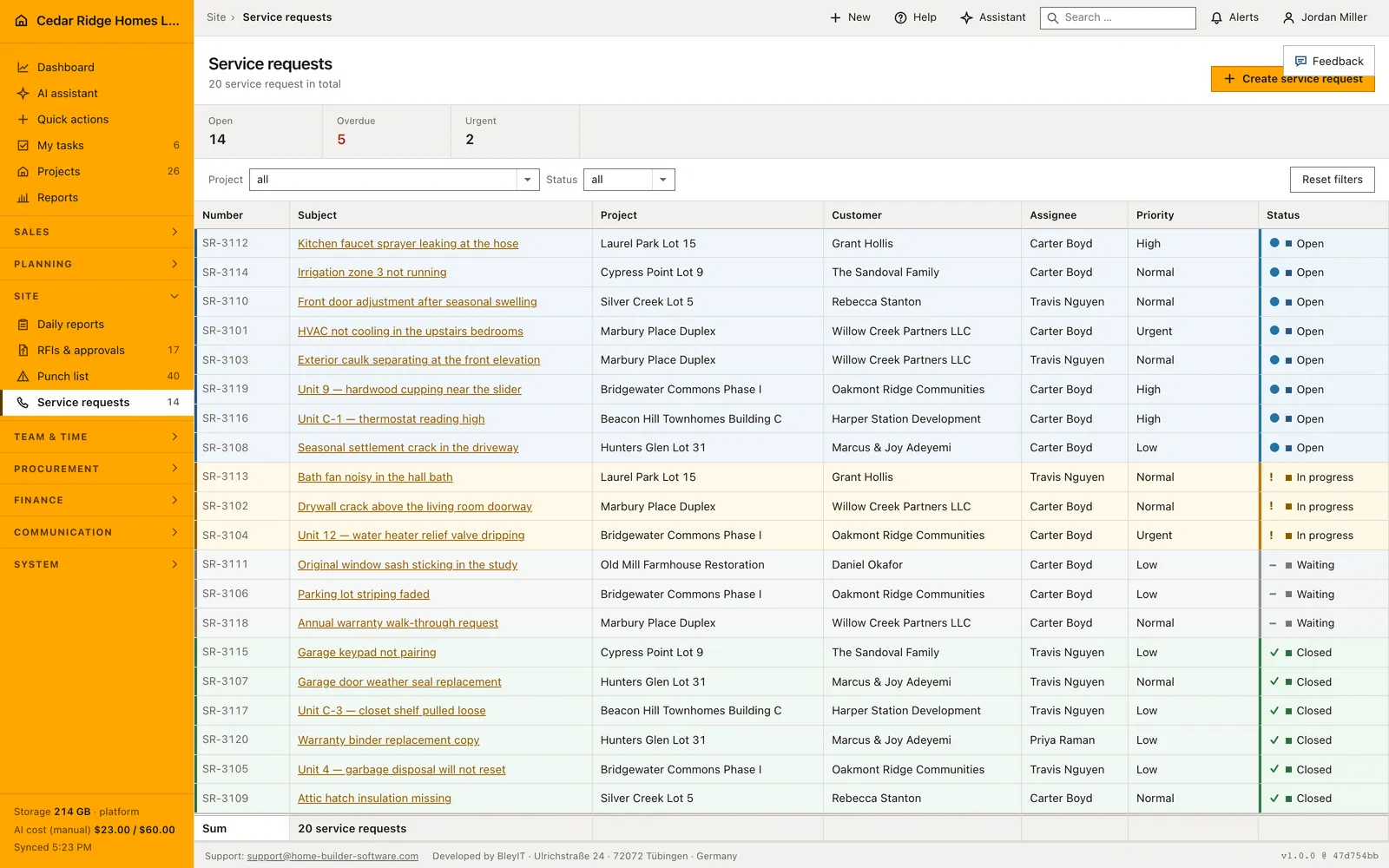 Real Home Builder Software interface for Construction service requests