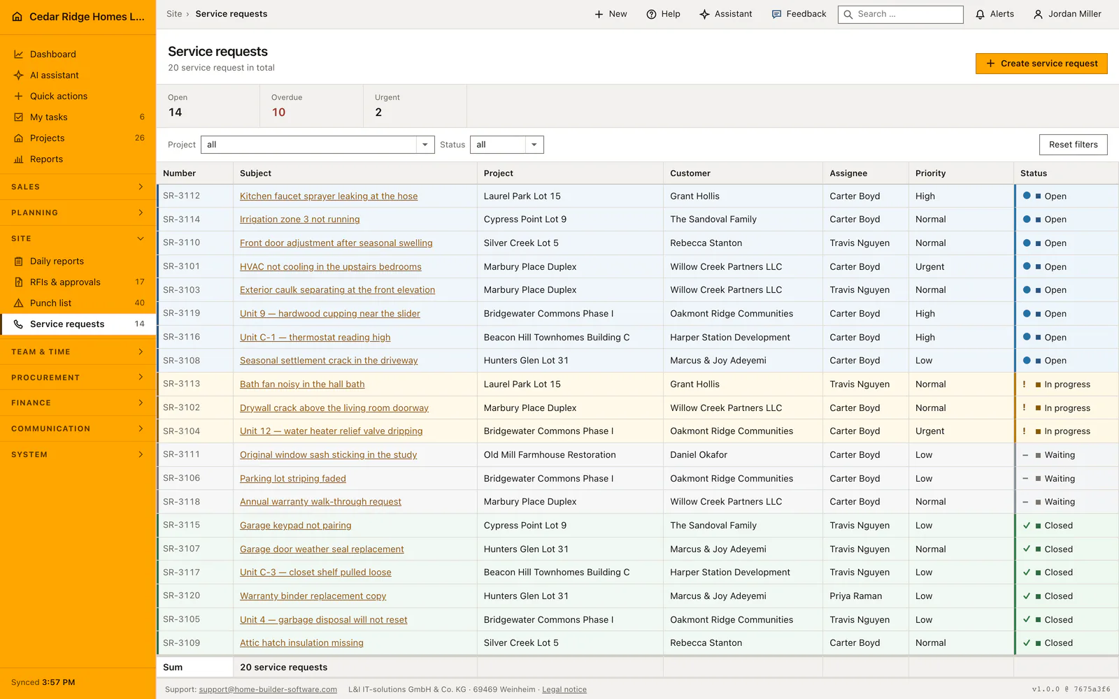 Home Builder Software service request register with customer, project, priority and deadline information