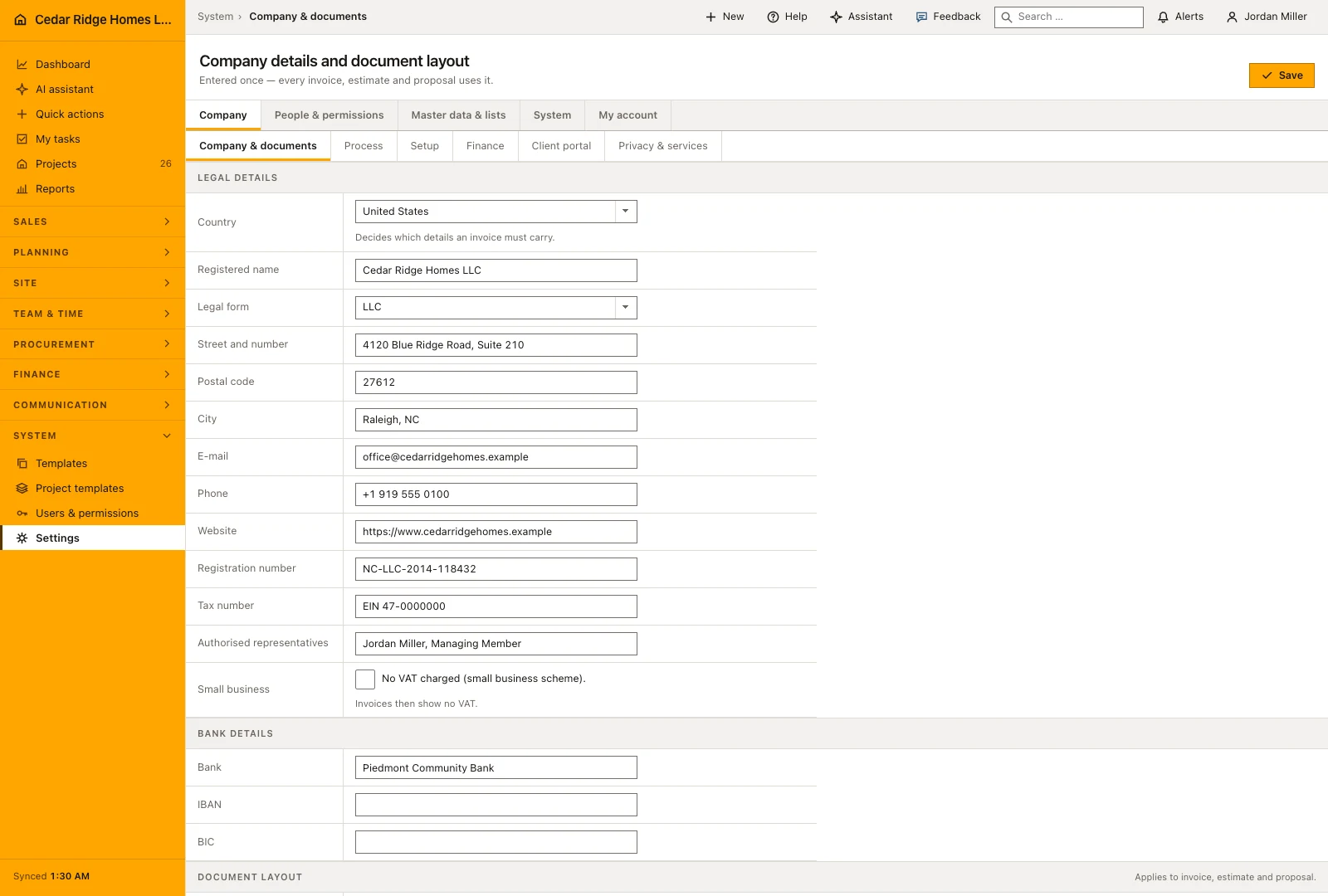 Real Home Builder Software interface for Construction software settings, API and webhooks