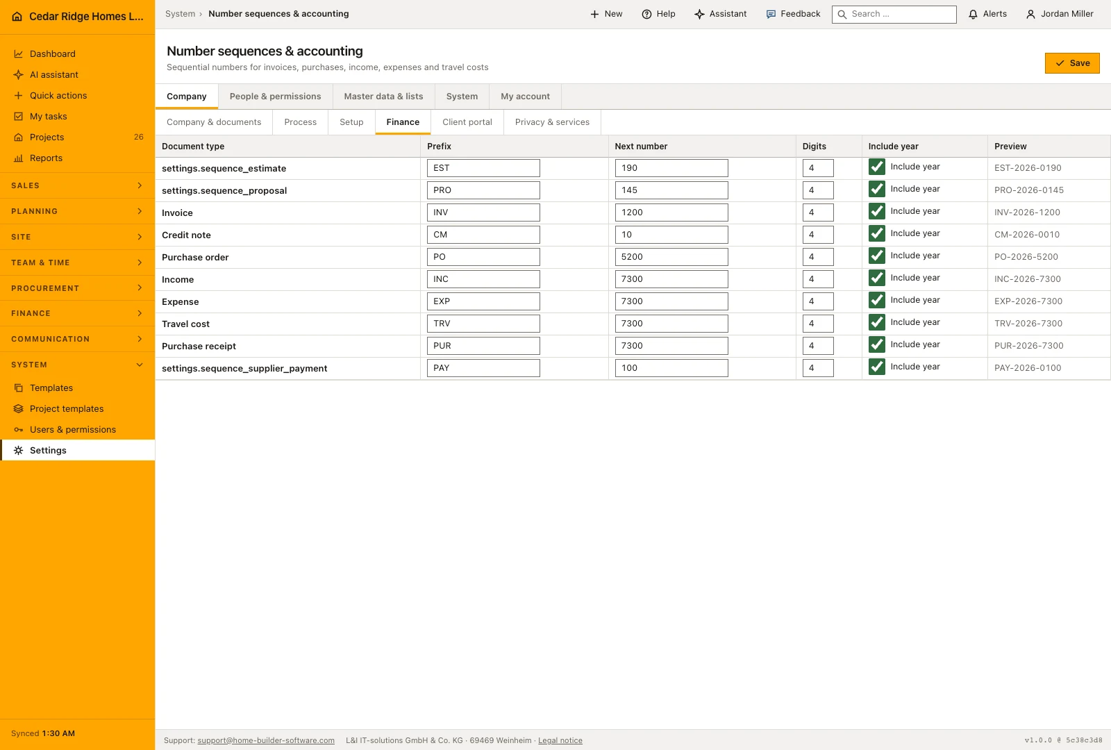 Real product screenshot: Construction software settings, API and webhooks