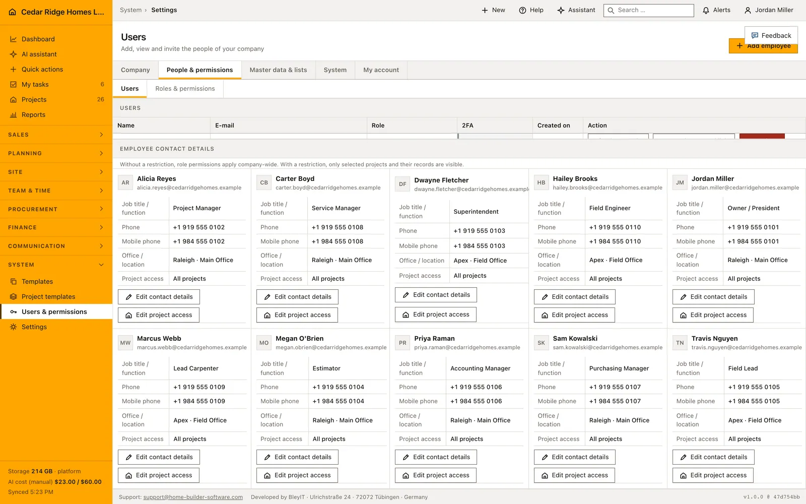 Real Home Builder Software interface for Construction software user management