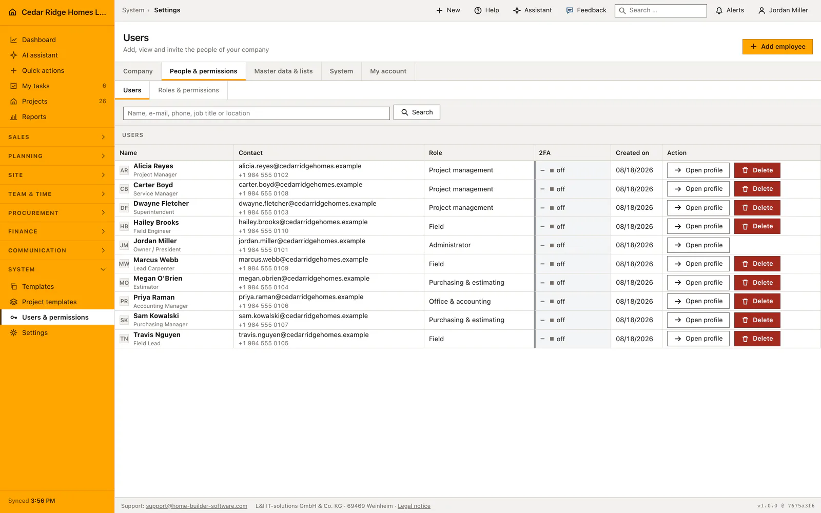 Real Home Builder Software interface for Construction software user management