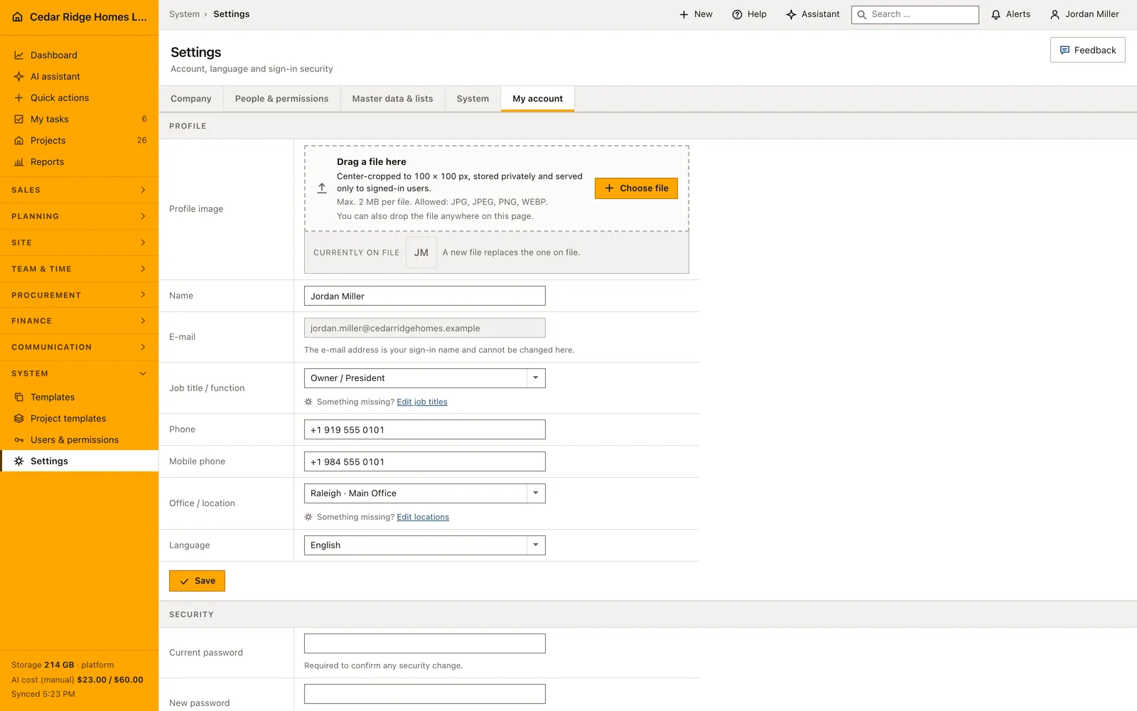 Real Home Builder Software interface for Custom construction fields, tables and imports