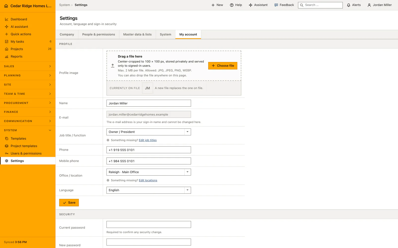 Real product screenshot: Custom construction fields, tables and imports