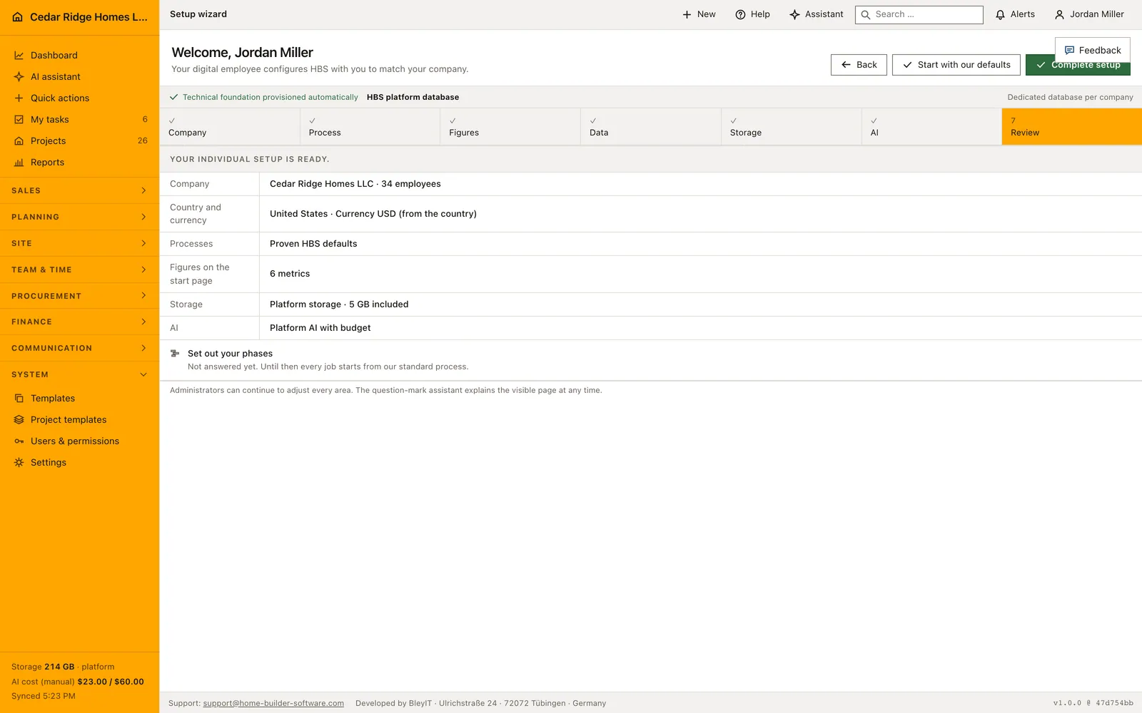Real Home Builder Software interface for Construction software setup wizard