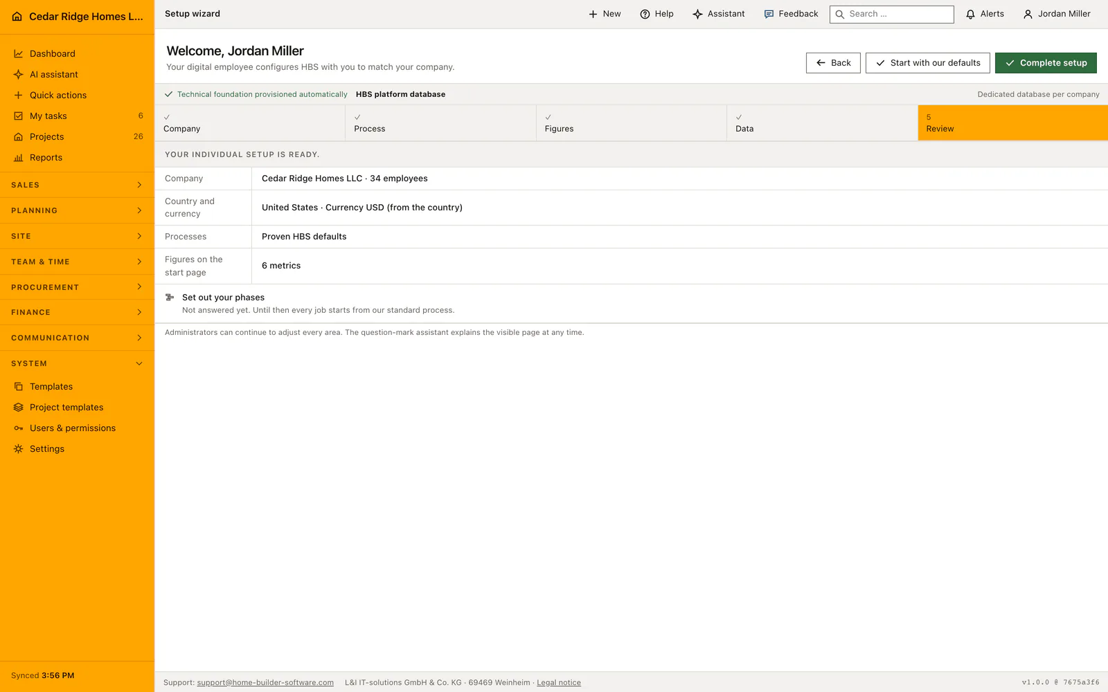 Real Home Builder Software interface for Construction software setup wizard