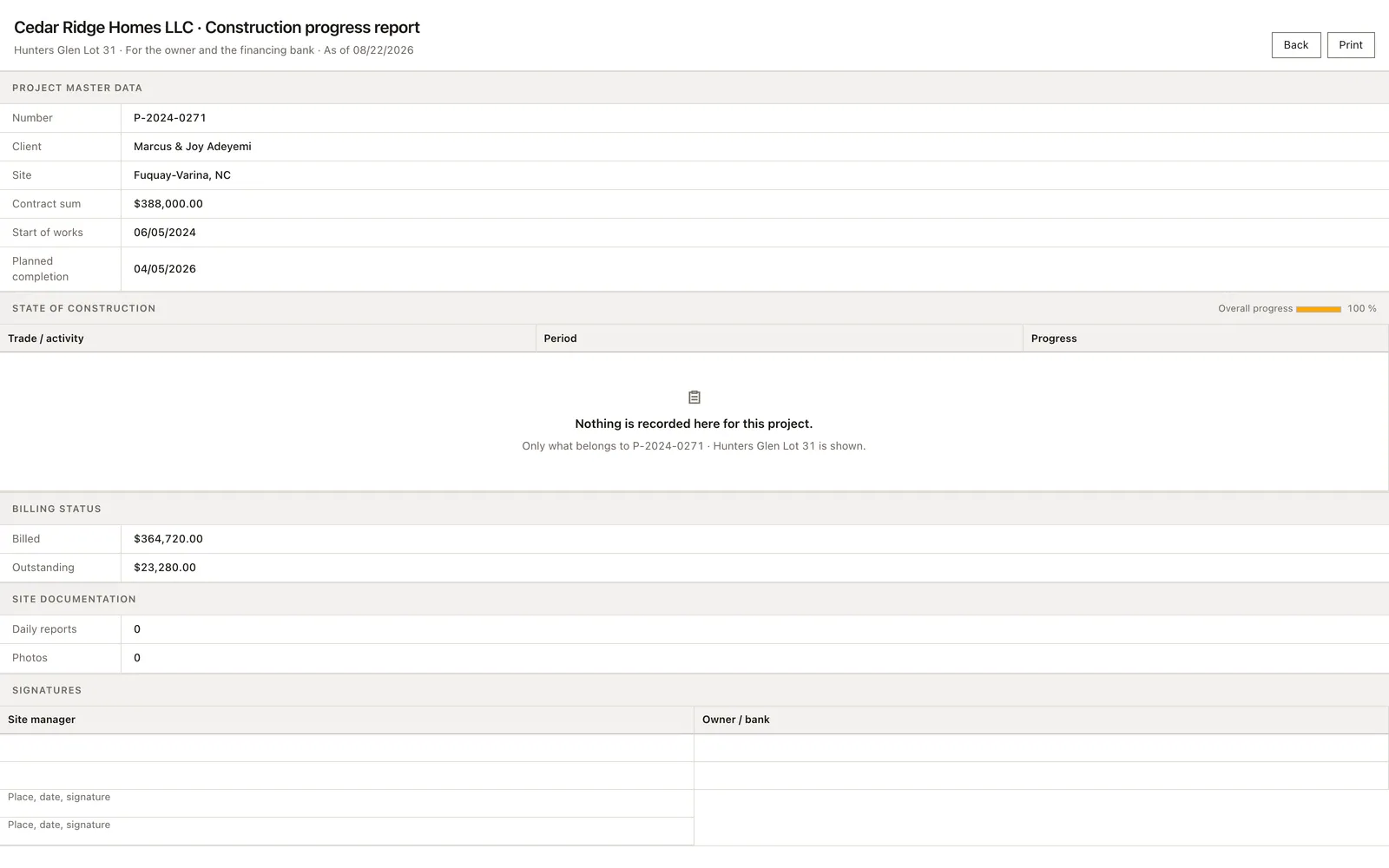 Real Home Builder Software interface for Printable construction progress report