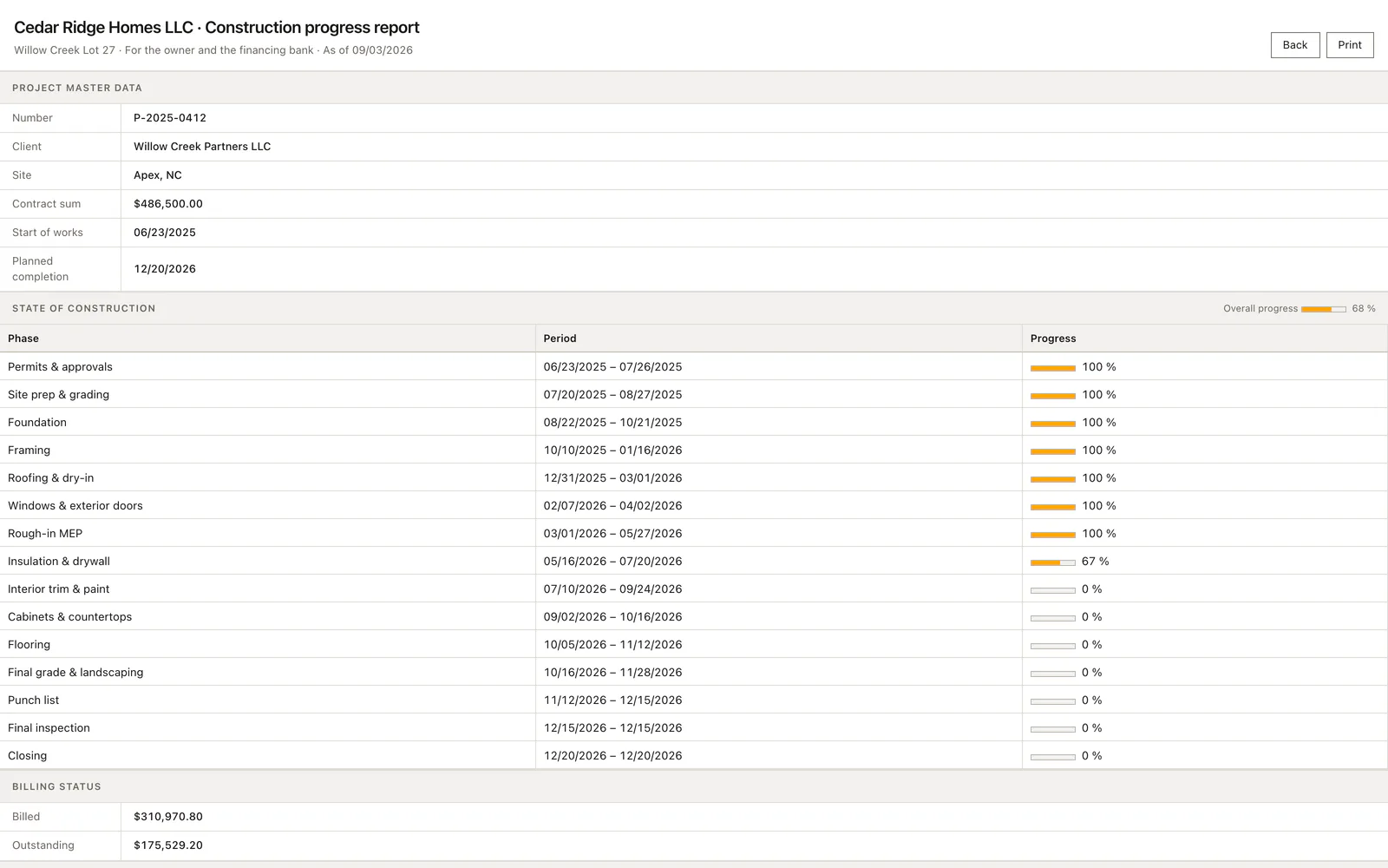 Real Home Builder Software interface for Printable construction progress report