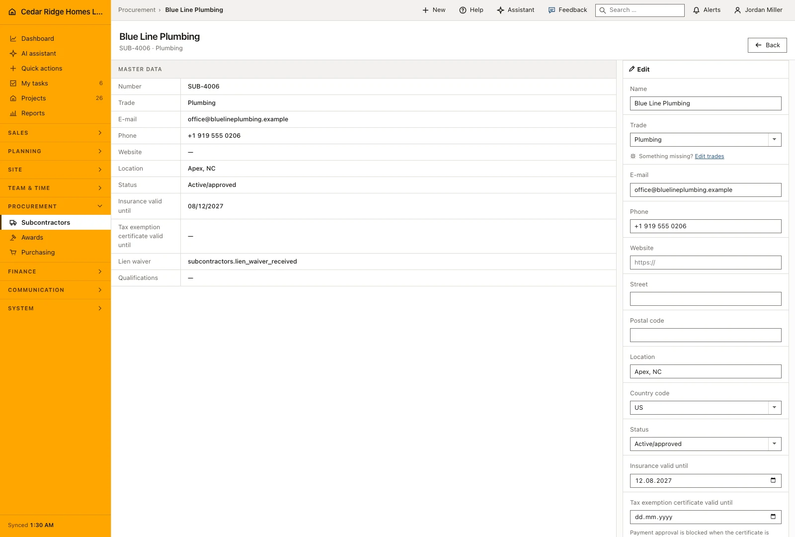 Real product screenshot: Construction subcontractor management