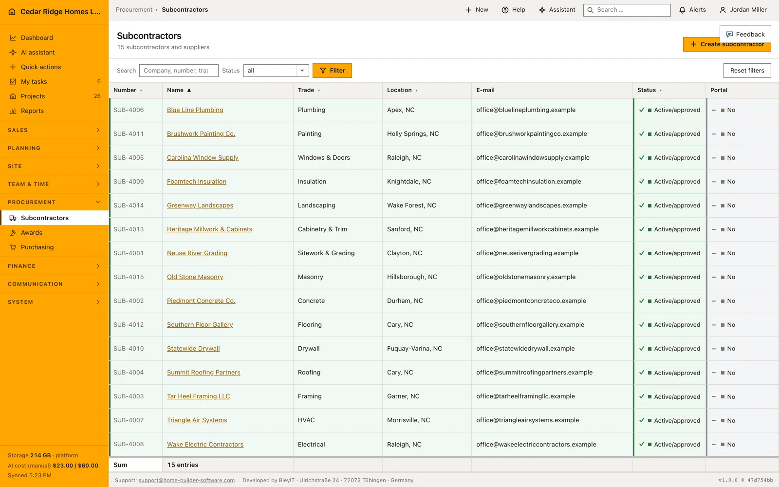 Real Home Builder Software interface for Construction subcontractor management
