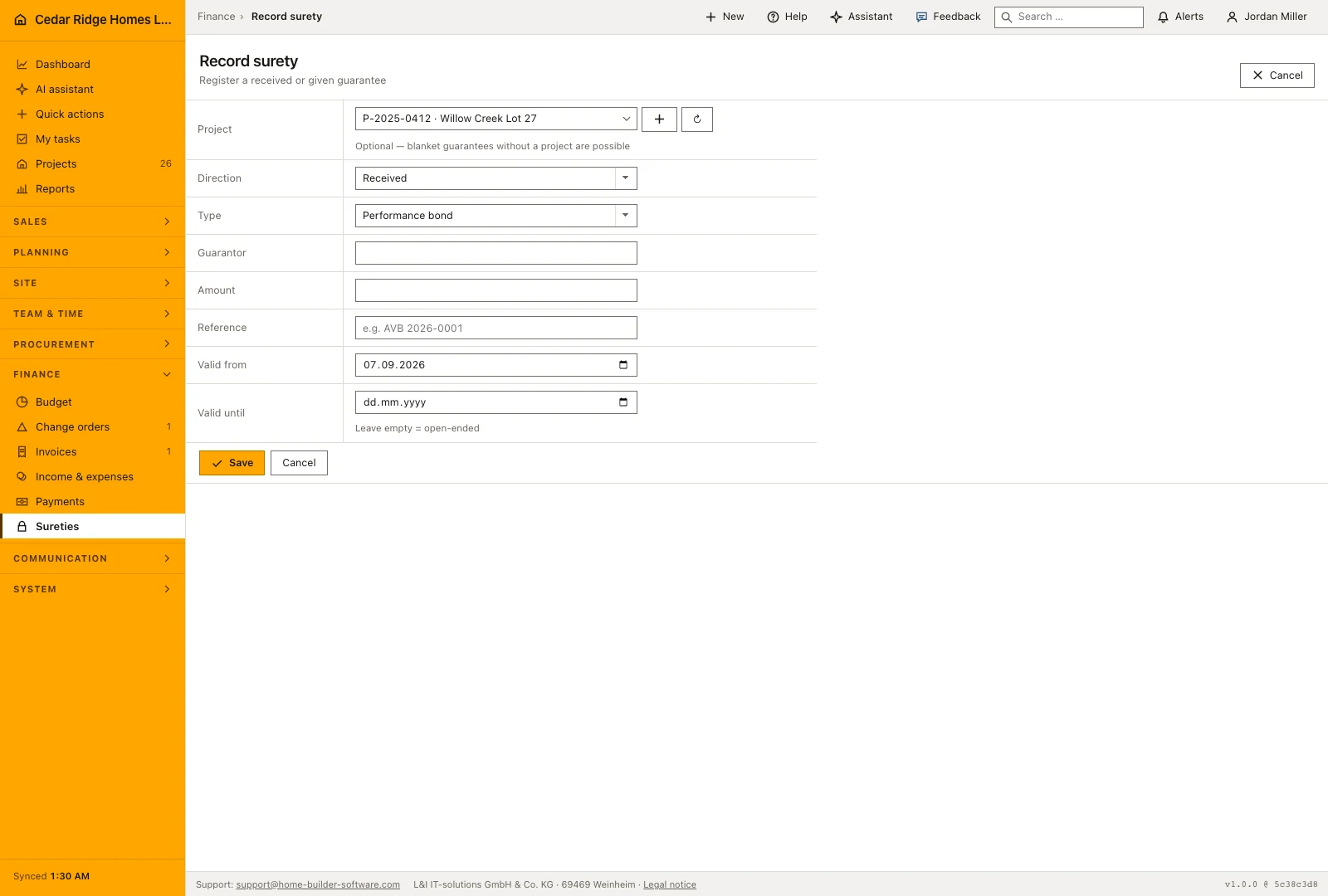 Real product screenshot: Construction surety tracking