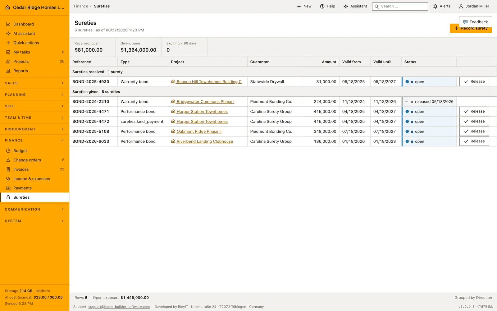 Real Home Builder Software interface for Construction surety tracking