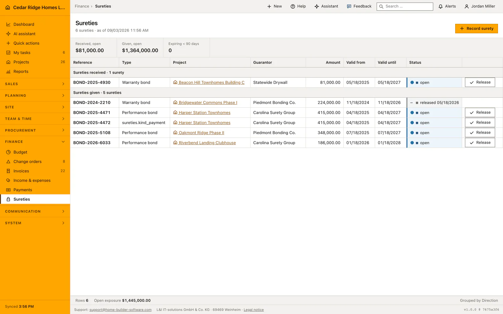 Real Home Builder Software interface for Construction surety tracking