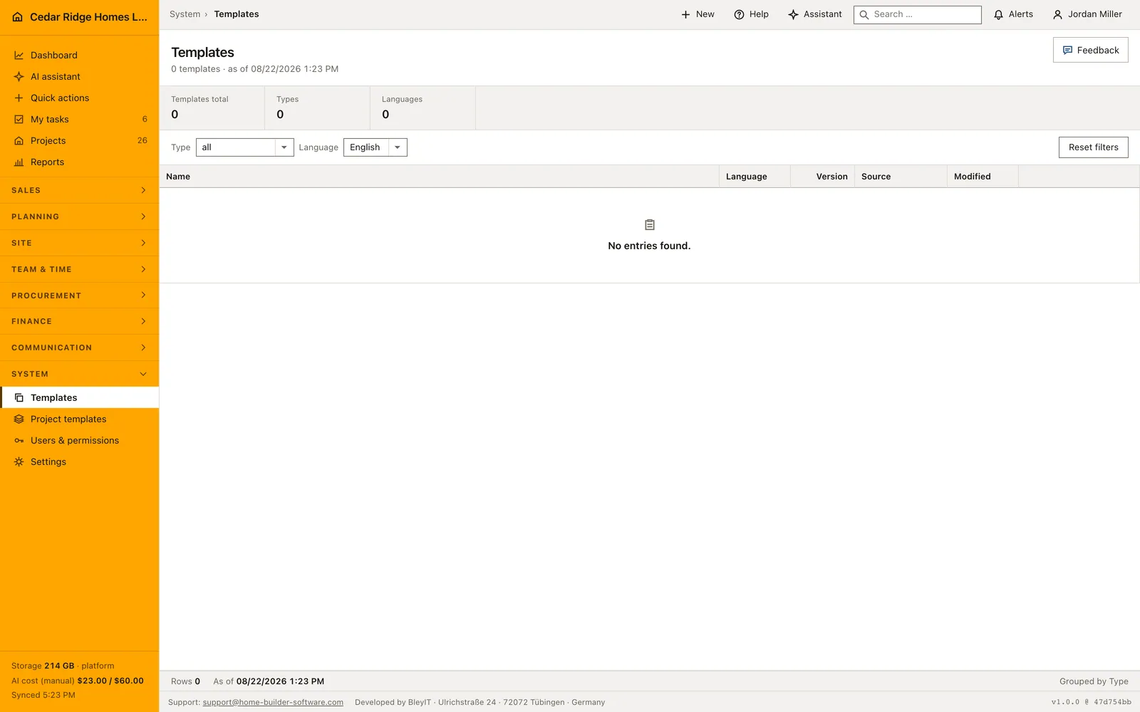 Real Home Builder Software interface for Project-connected construction email