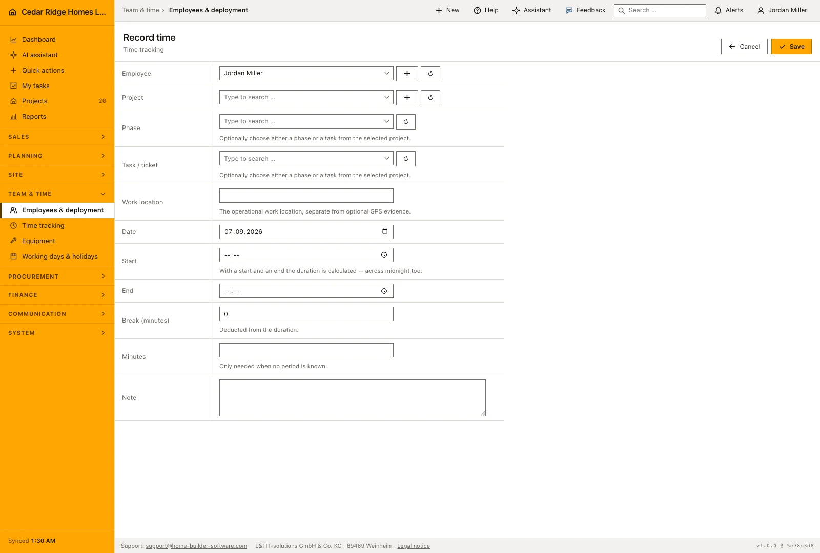 Real product screenshot: Construction time tracking