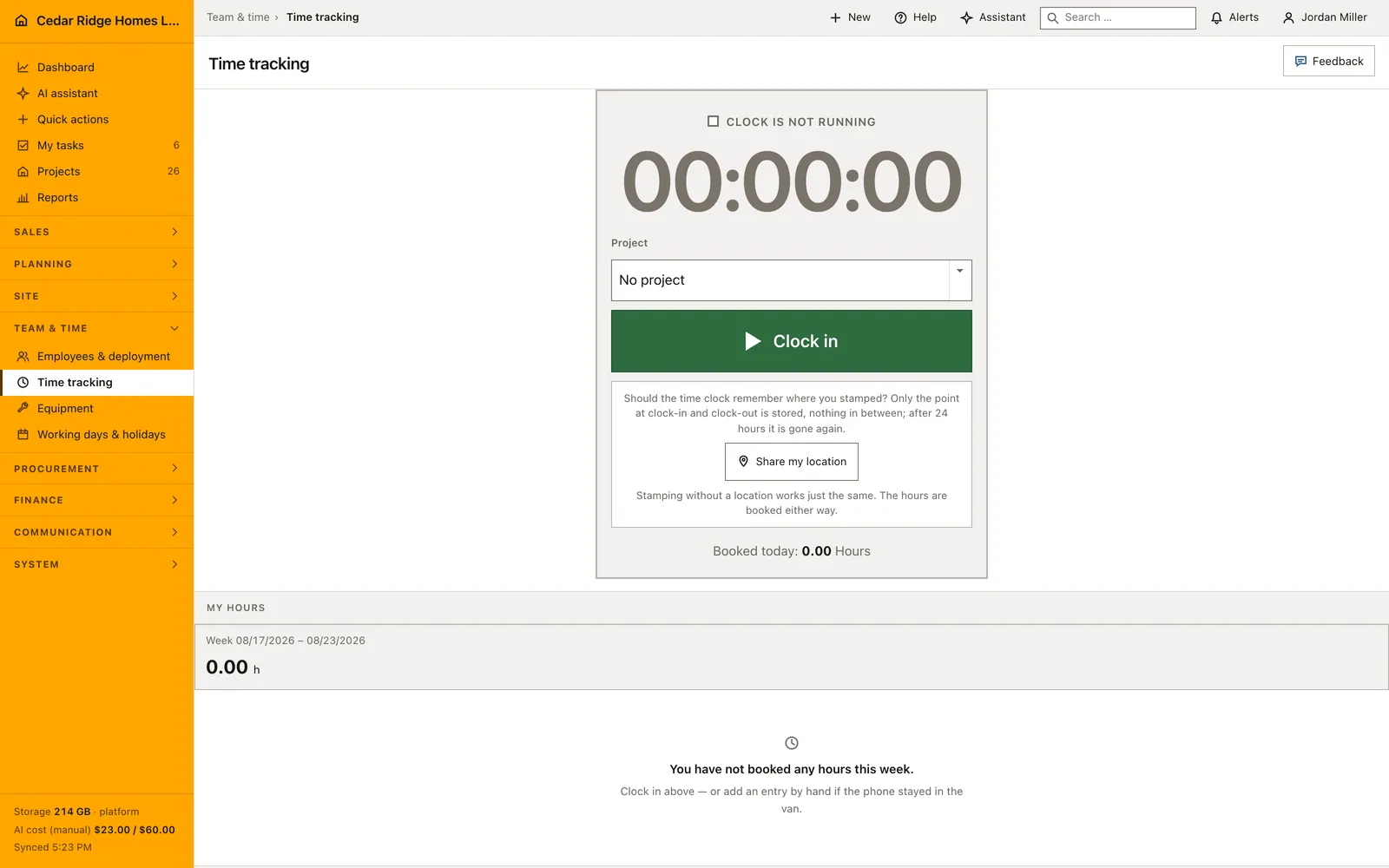 Real Home Builder Software interface for Construction time tracking