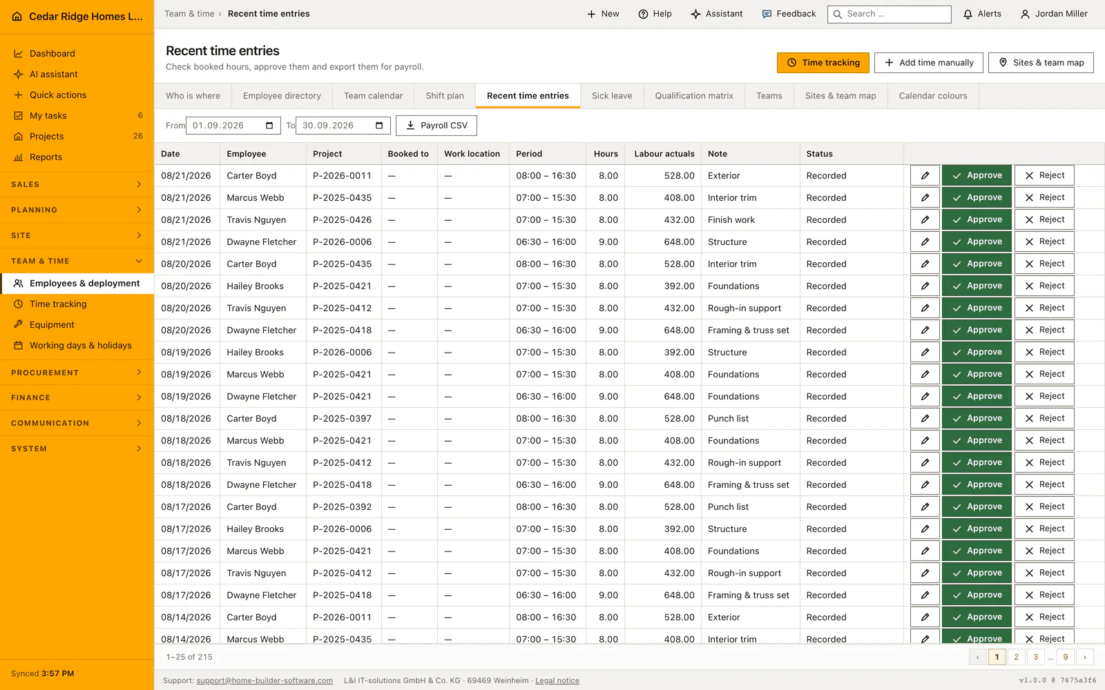 Real Home Builder Software interface for Construction time tracking