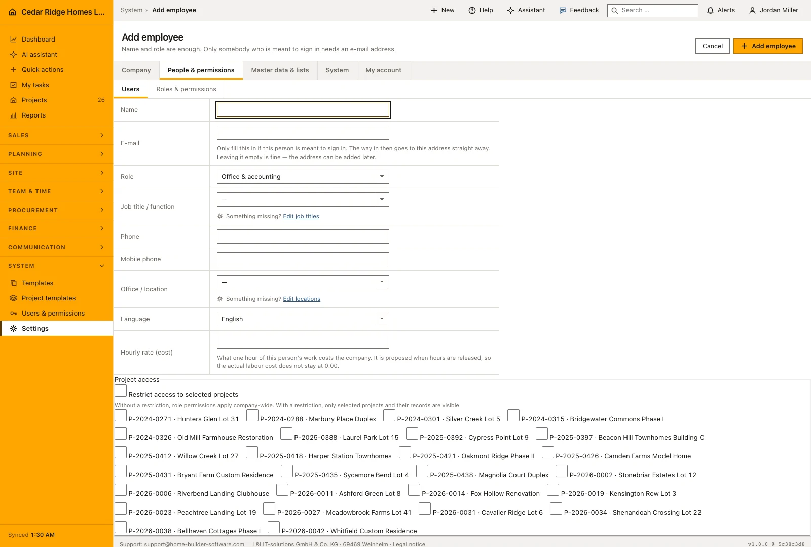 Real product screenshot: Construction software user management