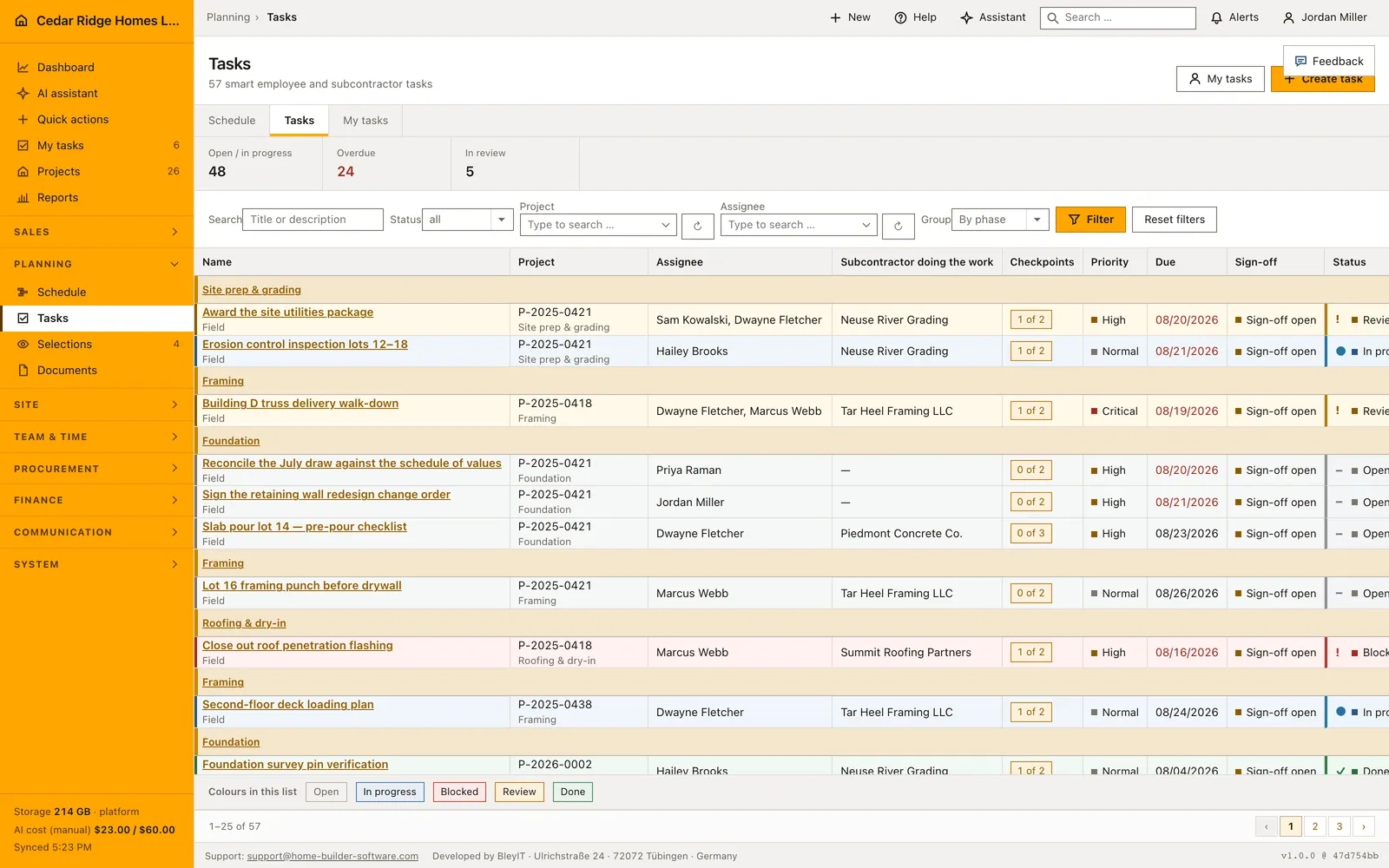Real Home Builder Software interface for Construction task management