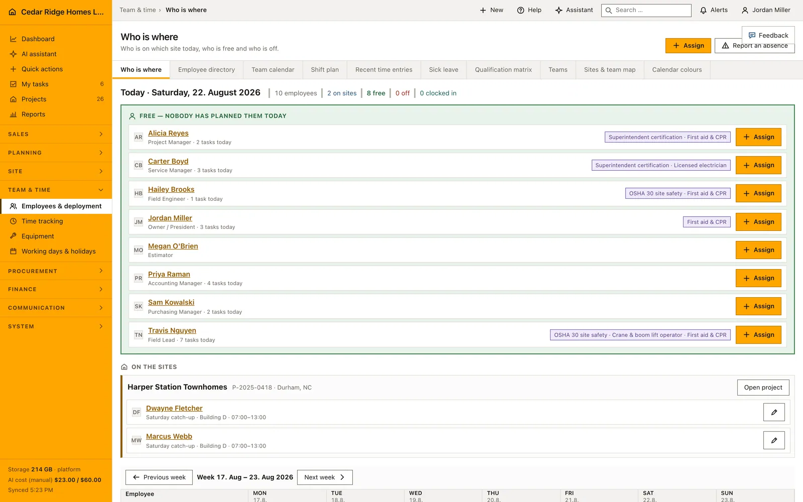 Real Home Builder Software interface for Construction workforce planning