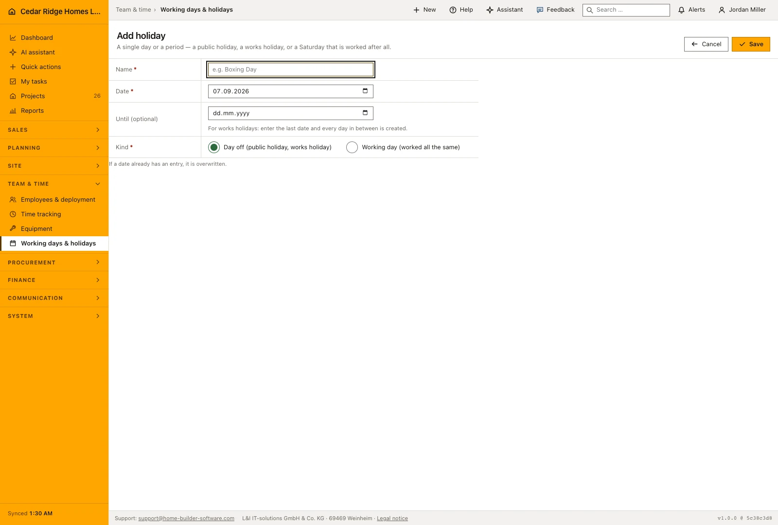 Real product screenshot: Construction working calendar