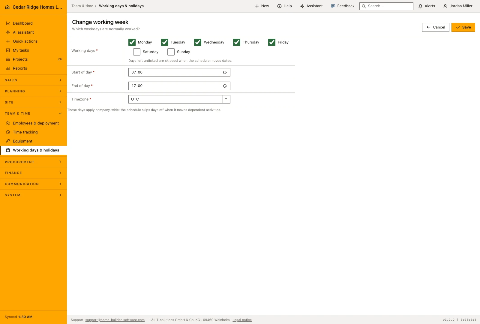 Real product screenshot: Construction working calendar