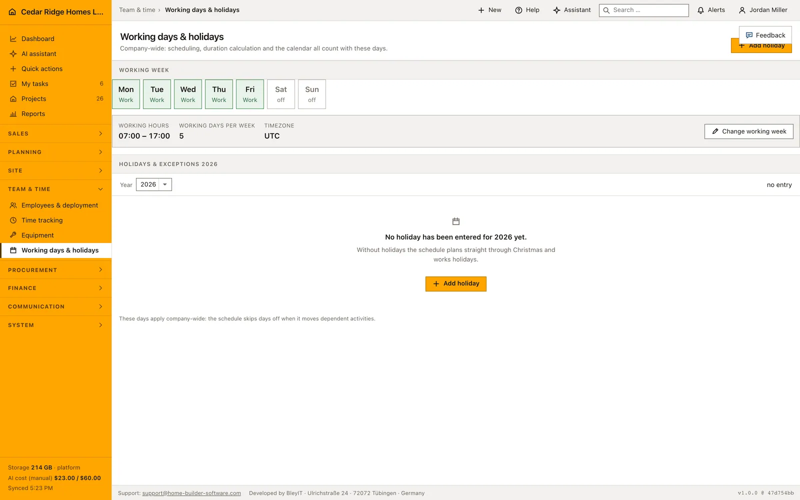 Real Home Builder Software interface for Construction working calendar