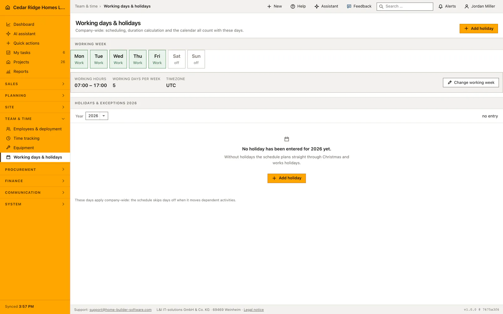 Real Home Builder Software interface for Construction working calendar